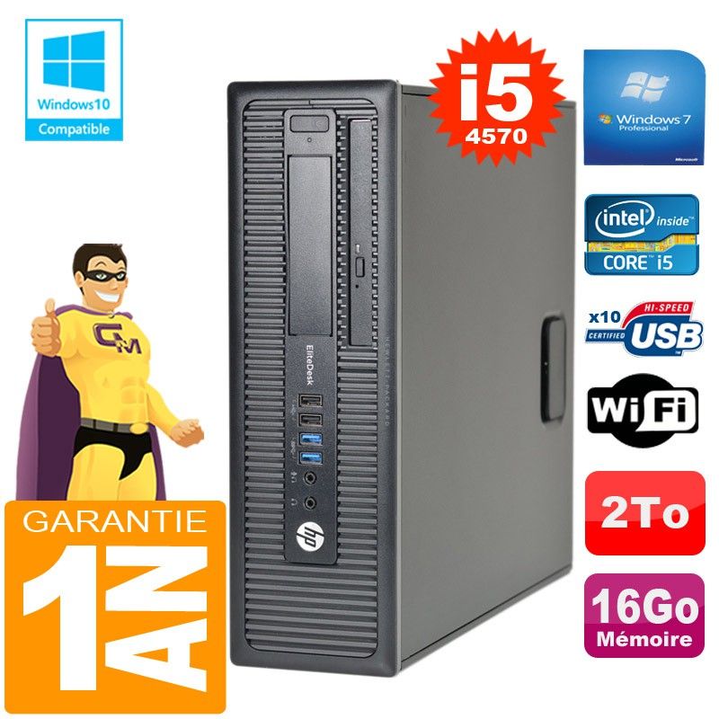 HP EliteDesk 800 G1 SFF Intel Core i5-4570 16 Go 2 To Lecteur optique DVD Wi-Fi Windows 7