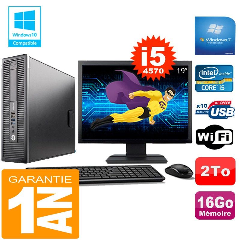 Ordinateur de bureau HP EliteDesk 800 G1 (Forme compacte) Intel Core i5-4570 16 Go 2 To Wi-Fi Windows 7 Professionnel Écran 19"