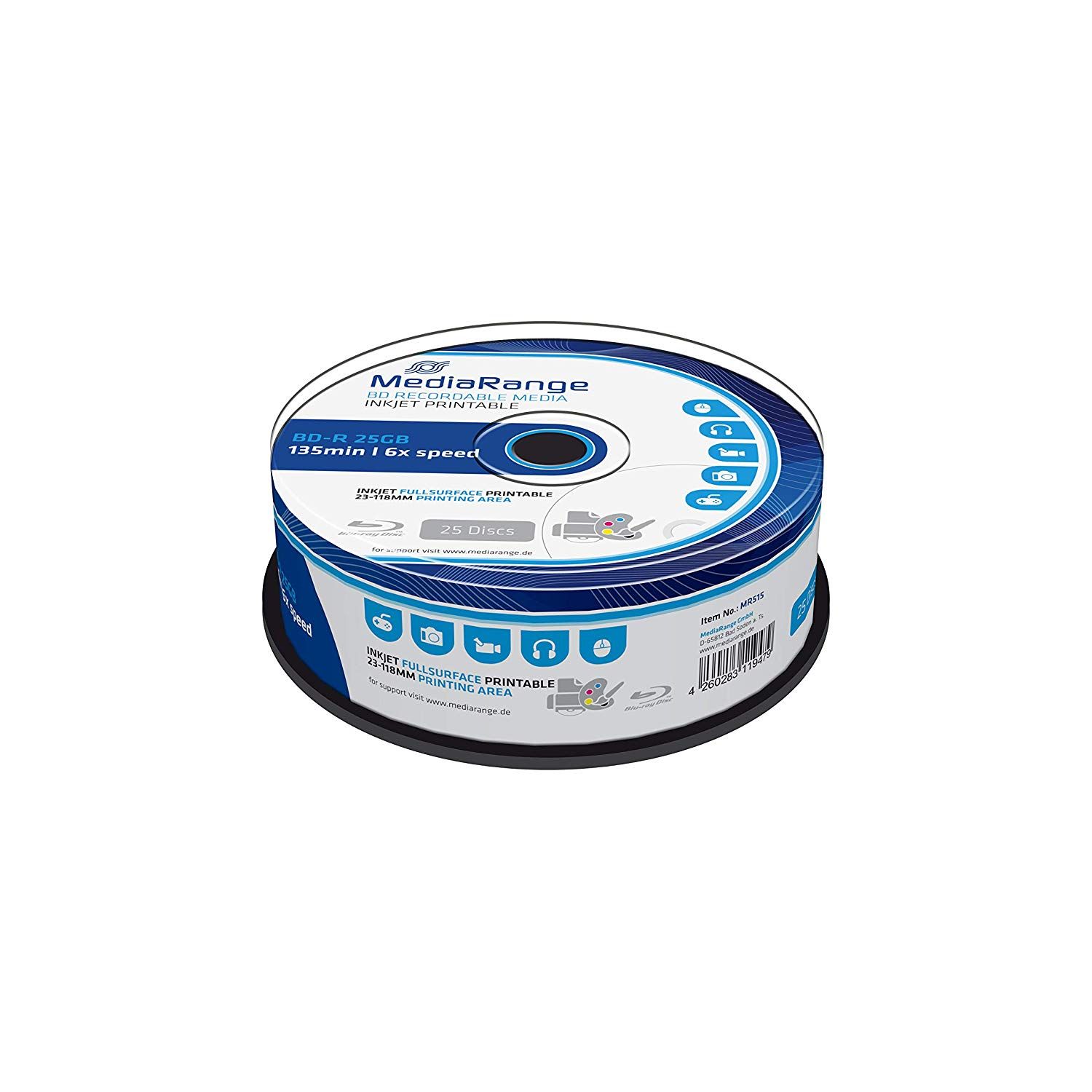 MediaRange 25x BD-R - 25GB, 6x Speed, Inkjet Printable Discs (Spindle)