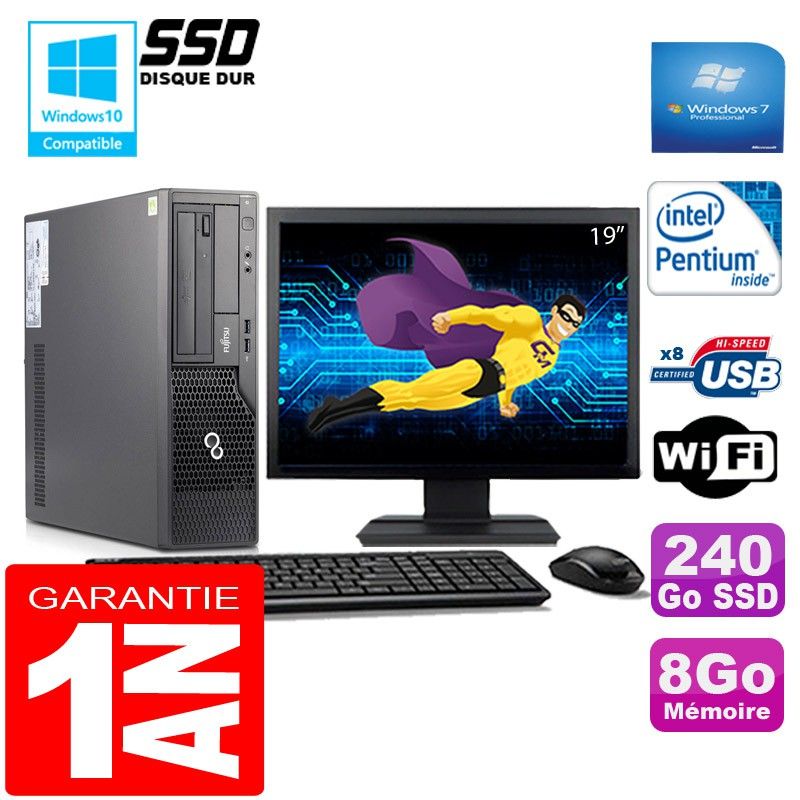Ordinateur de bureau Fujitsu Esprimo E500 E85+ (Small Form Factor) - 8 Go de RAM, 240 Go SSD, Intel G640, Wi-Fi, Windows 7 Professionnel