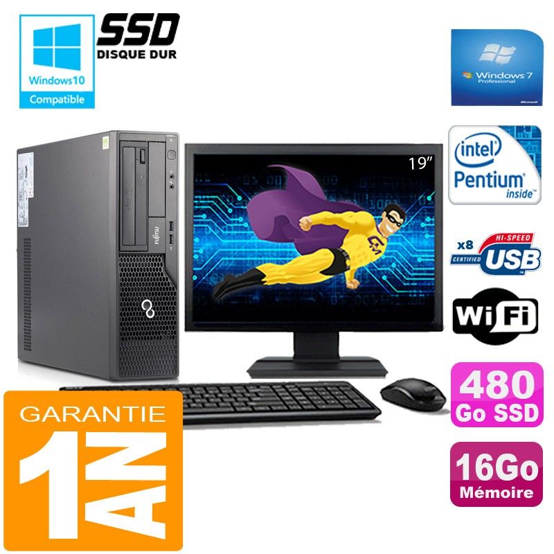 Ordinateur de bureau Fujitsu Esprimo E500 E85+ SFF - 16 Go de RAM, 480 Go SSD, Intel G640, Windows 7 Pro