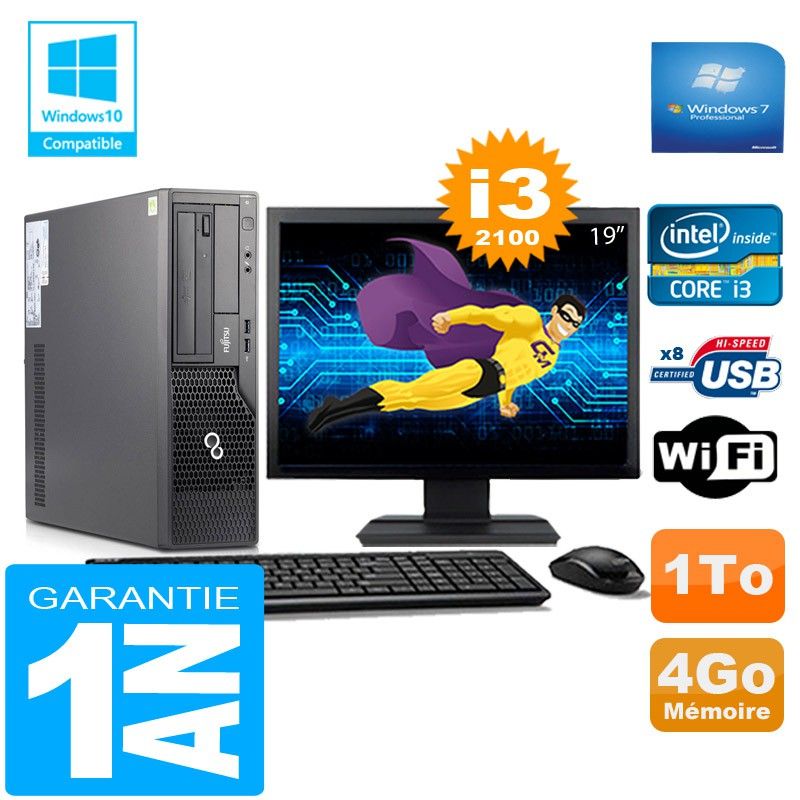 Fujitsu Esprimo E500 E85+ SFF Core i3-2100 4GB 1TB WiFi Windows 7 Pro 19" Monitor