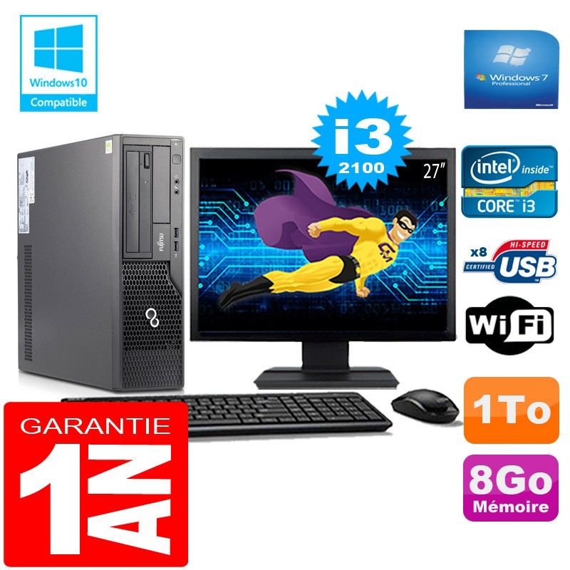 Fujitsu Esprimo E500 E85+ SFF Core i3-2100 8GB 1TB WiFi Windows 7 Pro 27" Monitor