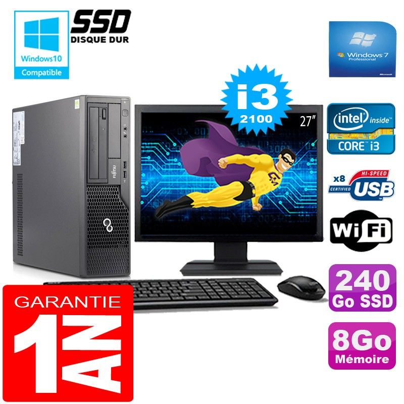 Fujitsu Esprimo E500 E85+ SFF I3-2100 8GB RAM 240GB SSD WiFi Win7 27" Monitor