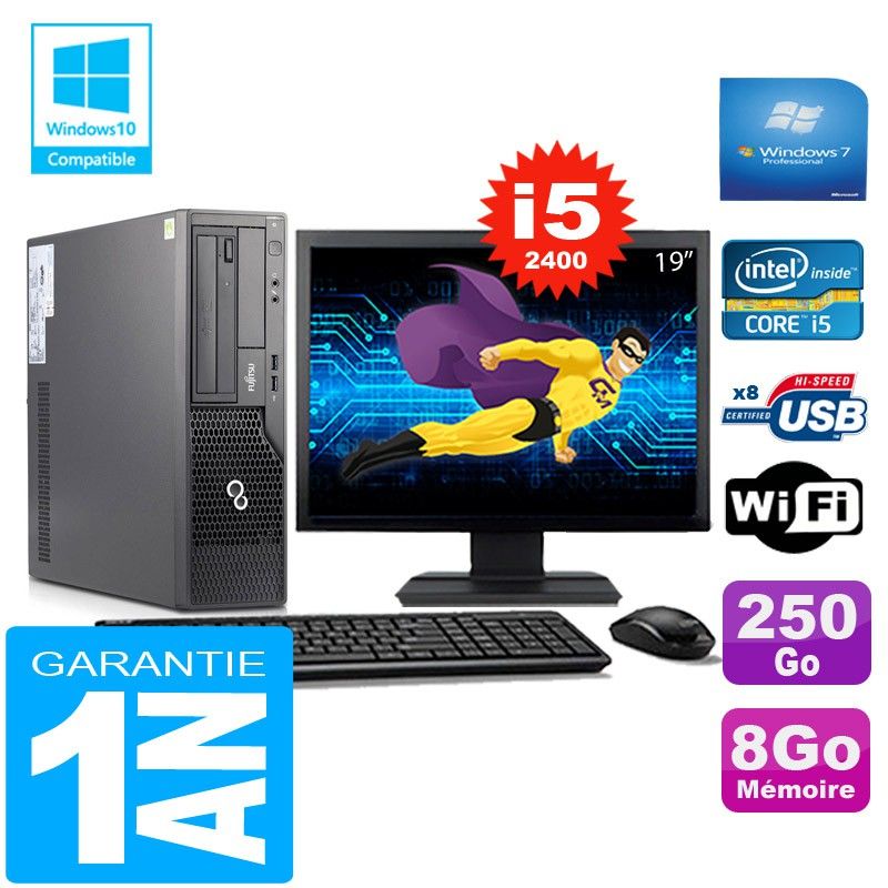 Fujitsu Esprimo E500 E85+ SFF I5-2400 8GB RAM 250GB SSD WiFi Windows 7 Pro 19" Screen