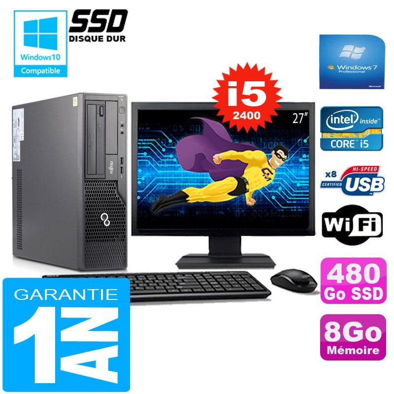 Fujitsu Esprimo E500 E85+ SFF I5-2400 8GB 480GB SSD WiFi Windows 7 Pro 27" Monitor