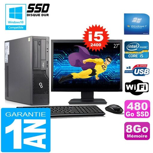 PC Fujitsu Esprimo E500 E85+ SFF I5-2400 8GB 480GB SSD Wifi Windows 7 Pro Pantalla de 27"