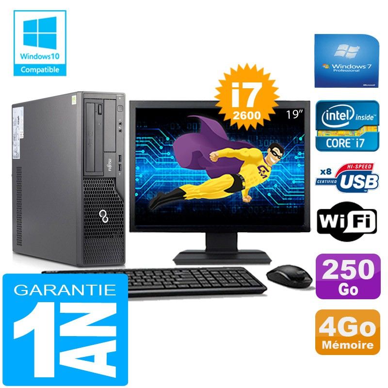 Ordinateur de bureau Fujitsu Esprimo E500 E85+ (Forme compacte) - Processeur Intel Core i7-2600, 4 Go de RAM, disque SSD 250 Go, Wi-Fi, Windows 7 Professionnel