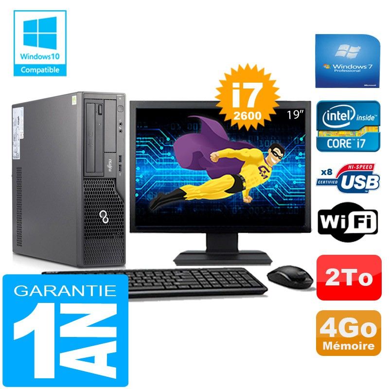 PC Fujitsu Esprimo E500 E85+ SFF Core i7-2600 4GB 2TB WiFi Windows 7 Pro Pantalla de 19"