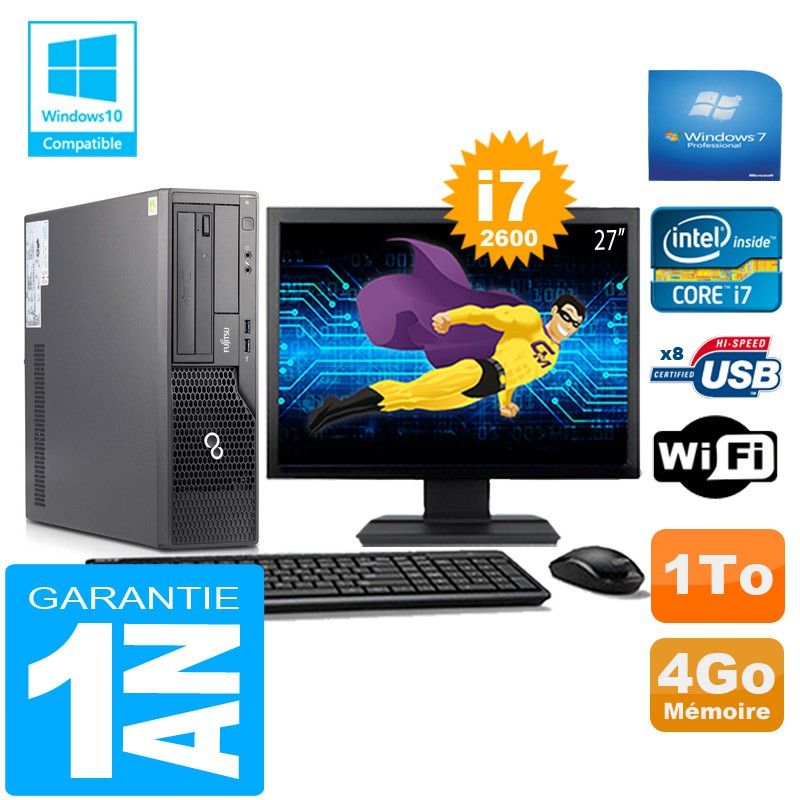Ordinateur de bureau Fujitsu Esprimo E500 E85+ (Forme compacte) Core i7-2600 4 Go 1 To Wi-Fi Windows 7 Professionnel Écran 27"