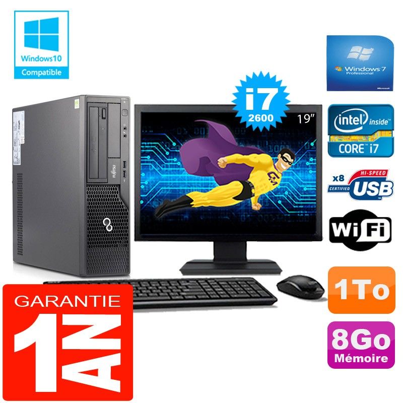 Fujitsu Esprimo E500 E85+ SFF con procesador Intel Core i7-2600, 8 GB RAM, 1 TB HDD, WiFi, Windows 7 Pro y pantalla de 19 pulgadas