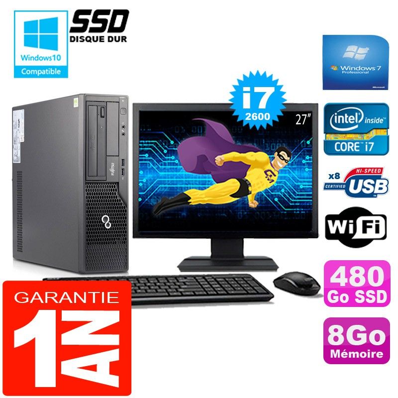 Fujitsu Esprimo E500 E85+ SFF I7-2600 8GB 480GB SSD WiFi Win7 27" Screen