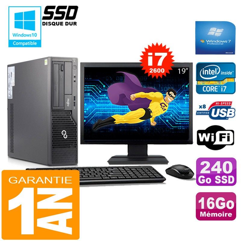 Fujitsu Esprimo E500 E85+ SFF - Processeur Intel Core i7-2600, 16 Go de RAM, SSD 240 Go, Wi-Fi, Windows 7 Professionnel
