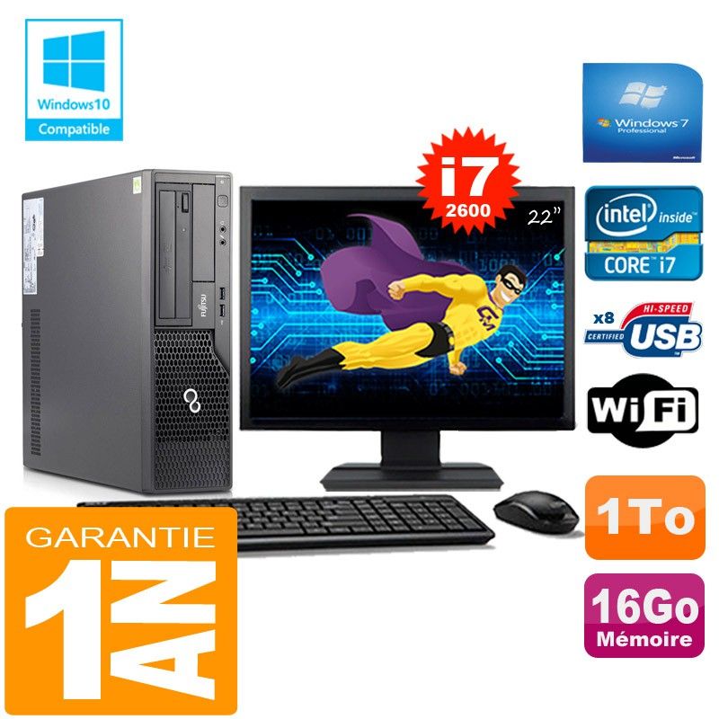 Fujitsu Esprimo E500 E85+ SFF Core i7-2600 16GB 1TB WiFi Windows 7 Pro 22" Screen