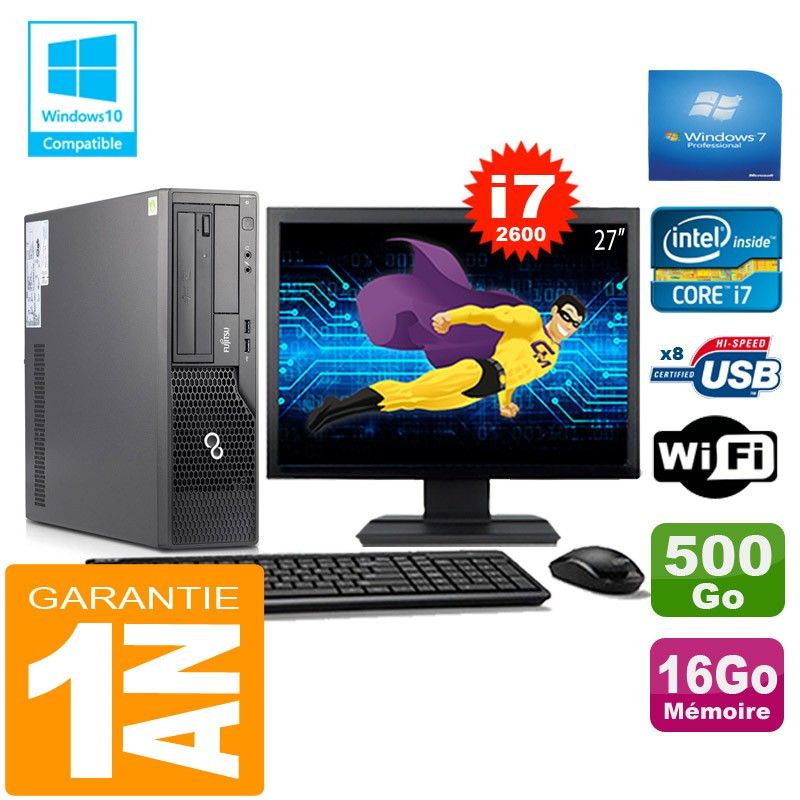 Fujitsu Esprimo E500 E85+ SFF I7-2600 16GB 500GB WiFi Windows 7 Pro 27" Monitor