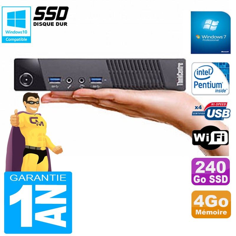 Lenovo M73 USFF Tiny PC - Intel Pentium G3250T, 4GB RAM, 240GB SSD, WiFi, Windows 7 Pro