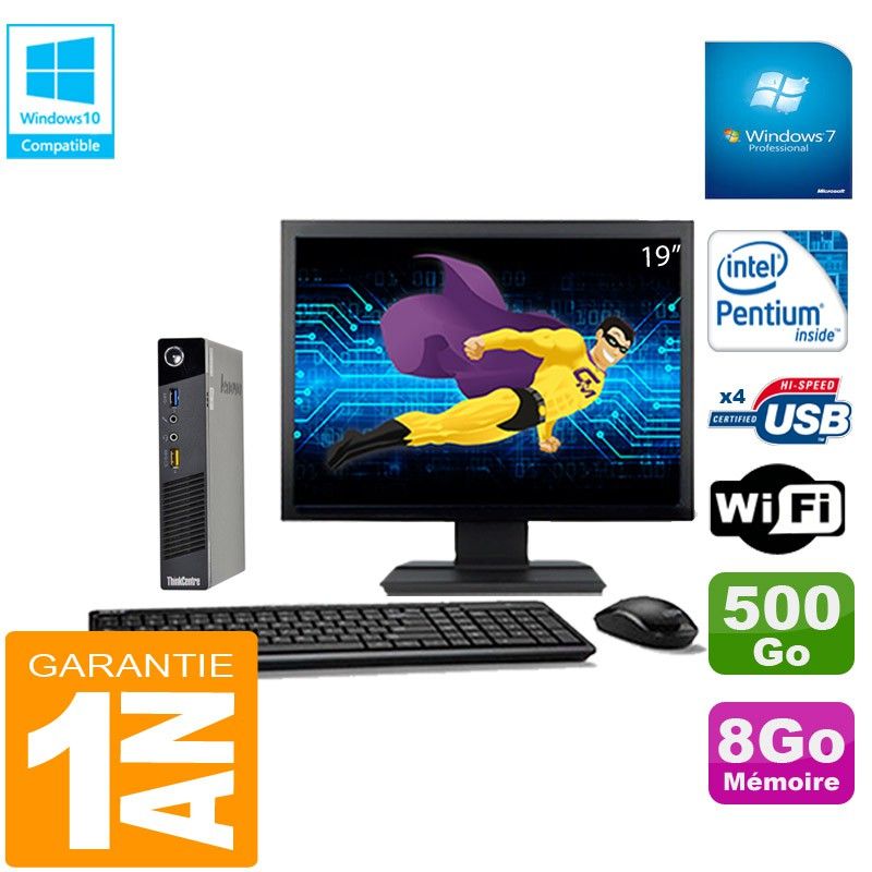 Lenovo Ultra Mini PC M73 USFF Tiny G3250T 8GB 500GB WiFi Windows 7 Screen 19