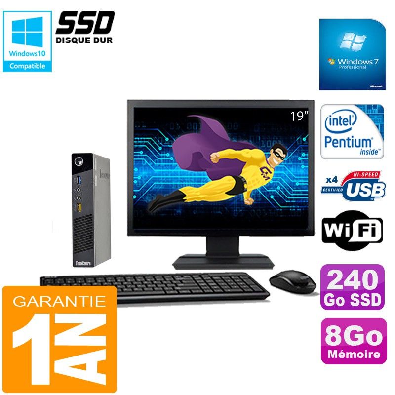 Mini PC Ultra Lenovo M73 USFF Tiny avec G3250T, 8 Go de RAM, 240 Go SSD, Wi-Fi et Windows 7 Pro