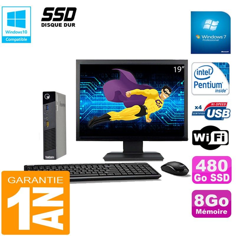 Lenovo M73 USFF Tiny PC - Intel Pentium G3250T, 8GB RAM, 480GB SSD, WiFi, Windows 7 Pro
