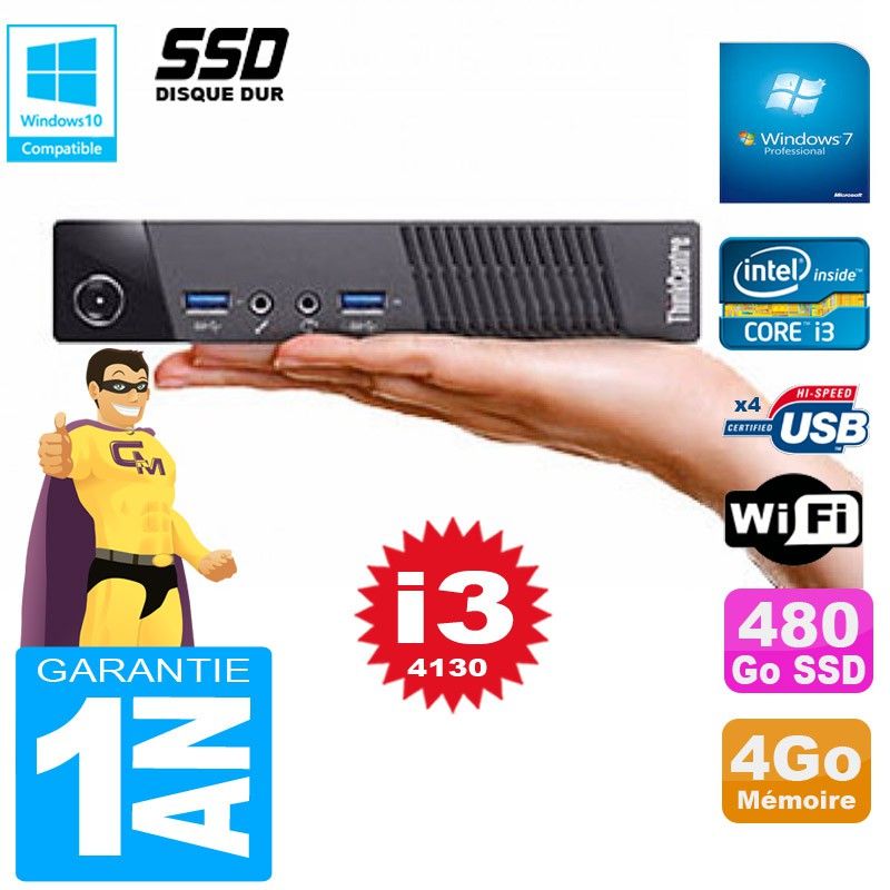 Lenovo M73 USFF Tiny Core i3-4130 4GB 480GB SSD WiFi Windows 7 Ultra Mini PC