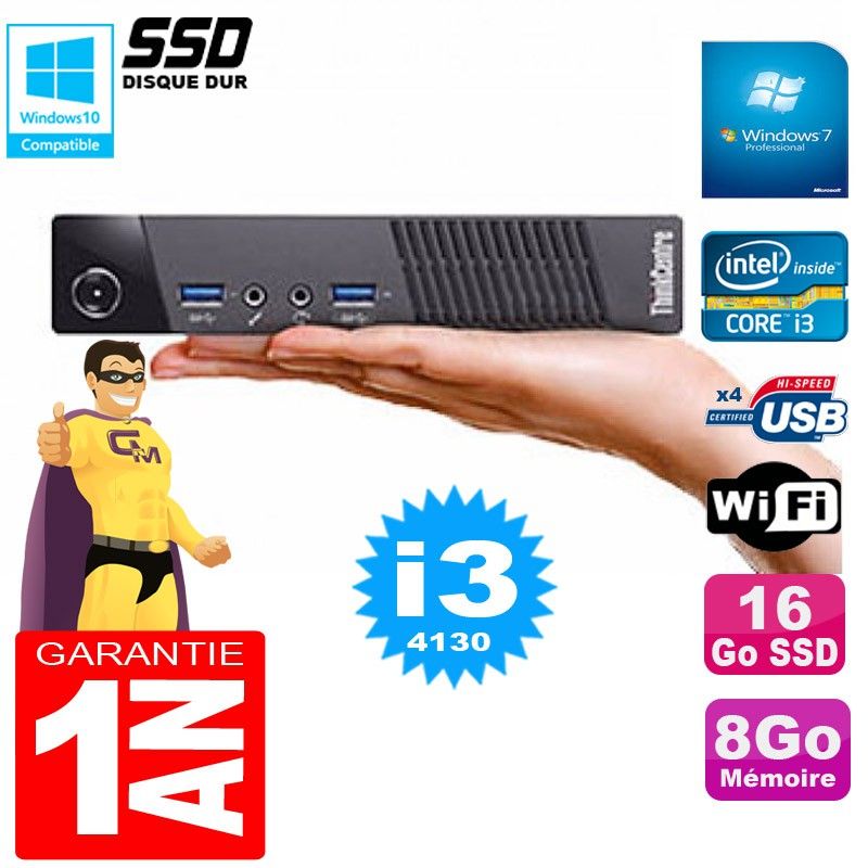 Lenovo M73 USFF Ultra Mini PC - Core i3-4130, 8GB RAM, 16GB SSD, WiFi, Windows 7 Pro