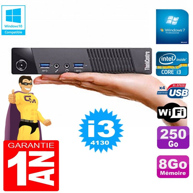 Lenovo M73 USFF Ultra-Mini PC - Core i3-4130, 8GB RAM, 250GB SSD, WiFi, Windows 7 Pro