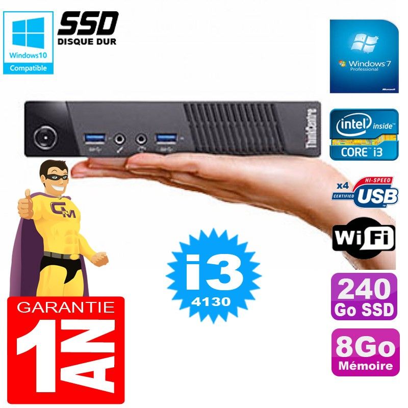 Lenovo Ultra Mini PC M73 USFF with Intel Core i3-4130, 8GB RAM, 240GB SSD, WiFi, Windows 7 Pro
