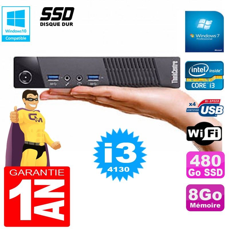 Lenovo M73 USFF Ultra Mini PC - Core i3-4130, 8GB RAM, 480GB SSD, WiFi, Windows 7 Pro