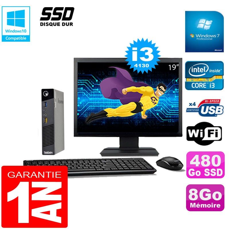 Lenovo M73 USFF Tiny Core i3-4130 8GB 480GB SSD Wi-Fi Windows 7 Screen 19
