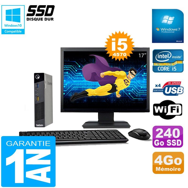 Lenovo M73 Ultra Mini PC - Core i5-4570, 4GB RAM, 240GB SSD, WiFi, Windows 7 Pro