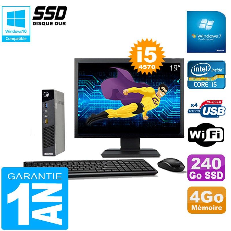 Lenovo M73 USFF Tiny Core i5-4570 4GB 240GB SSD WiFi Windows 7 Screen 19