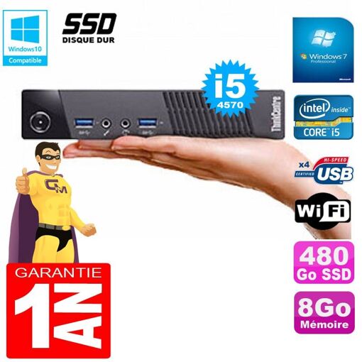Lenovo M73 Ultra Mini PC - Core i5-4570, 8GB RAM, 480GB SSD, WiFi, Windows 7 Pro