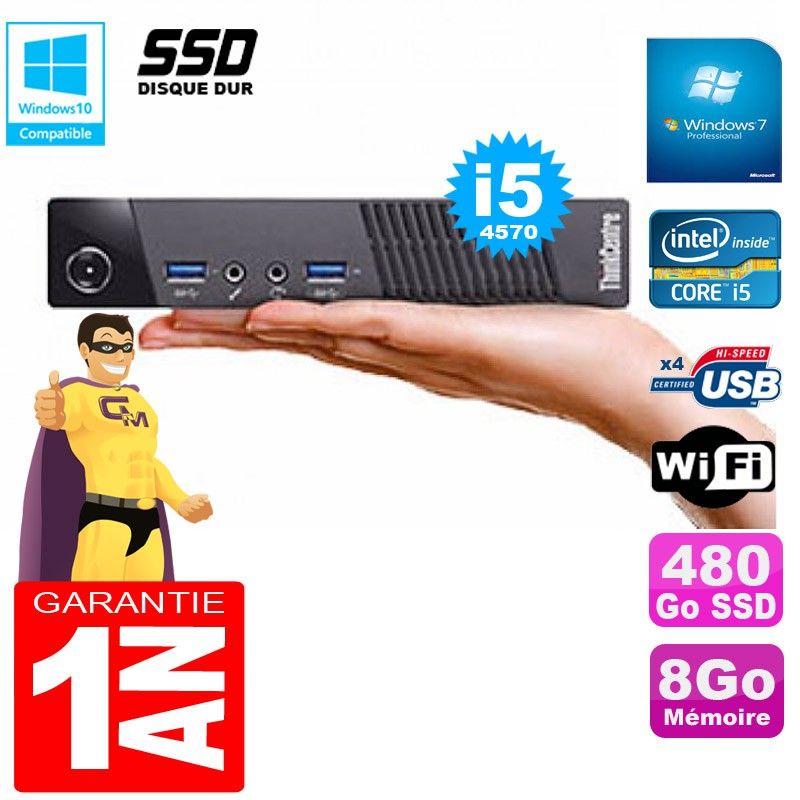 Lenovo M73 Ultra Mini PC - Core i5-4570, 8GB RAM, 480GB SSD, WiFi, Windows 7 Pro