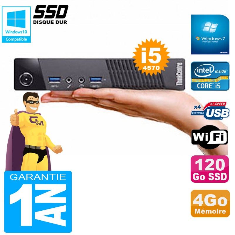 Lenovo M73 USFF Tiny Ultra-Mini PC - Intel Core i5-4570, 4GB RAM, 120GB SSD, WiFi, Windows 7 Pro