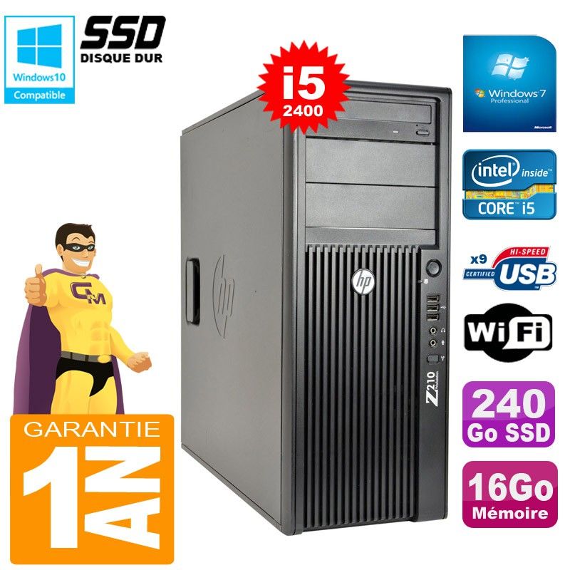 HP WorkStation Z210 Tower PC - Intel Core i5-2400, 16GB RAM, 240GB SSD, DVD Drive, WiFi, Windows 7 Pro