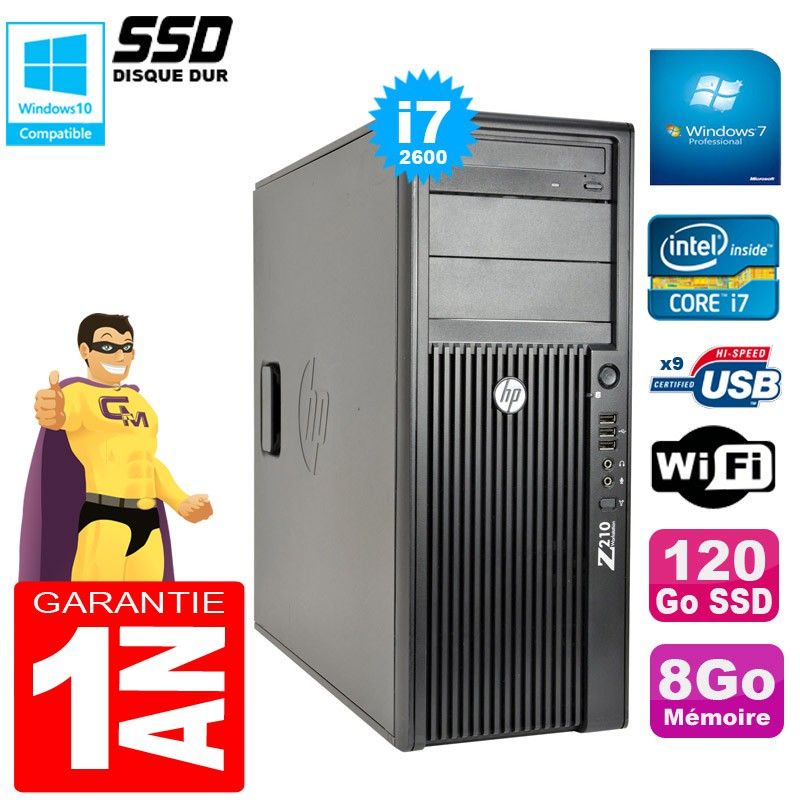 HP WorkStation Z210 Tower PC - Intel Core i7-2600, 8GB RAM, 120GB SSD, DVD Burner, WiFi, Windows 7 Pro