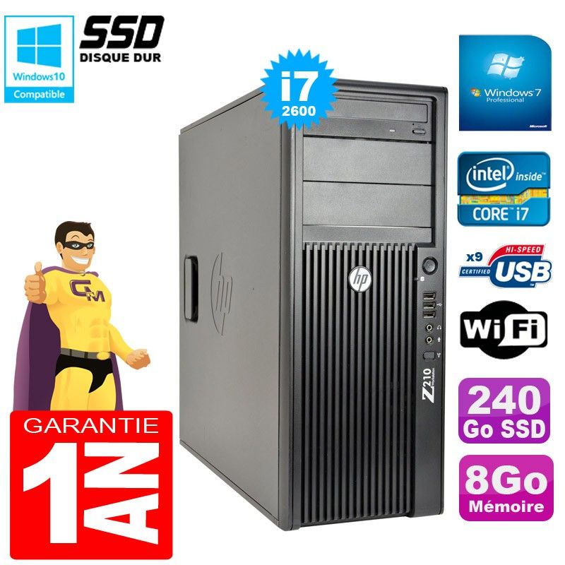 HP WorkStation Z210 Tower - I7-2600, 8GB RAM, 240GB SSD, DVD Burner, WiFi, Windows 7 Pro