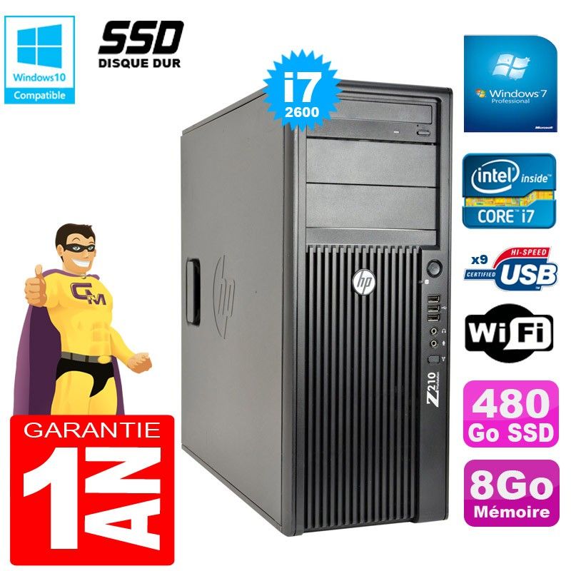 HP WorkStation Z210 Tower - Intel Core i7-2600, 8GB RAM, 480GB SSD, DVD Burner, WiFi, Windows 7 Pro
