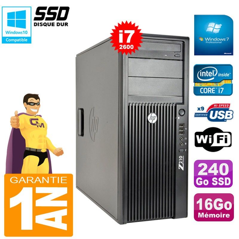 Estación de trabajo HP Z210 Torre - Procesador Intel Core i7-2600, 16 GB de RAM, SSD de 240 GB, Unidad DVD, WiFi, Windows 7 Pro