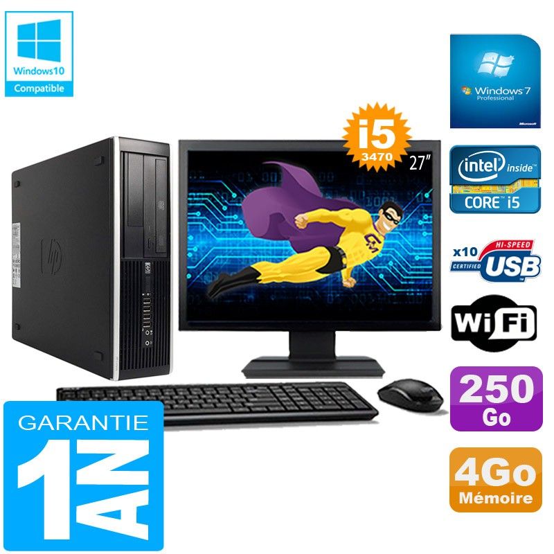 HP Compaq Pro 6300 SFF Intel Core i5-3470 4 Go 250 Go Graveur DVD WiFi Windows 7 Écran 27"