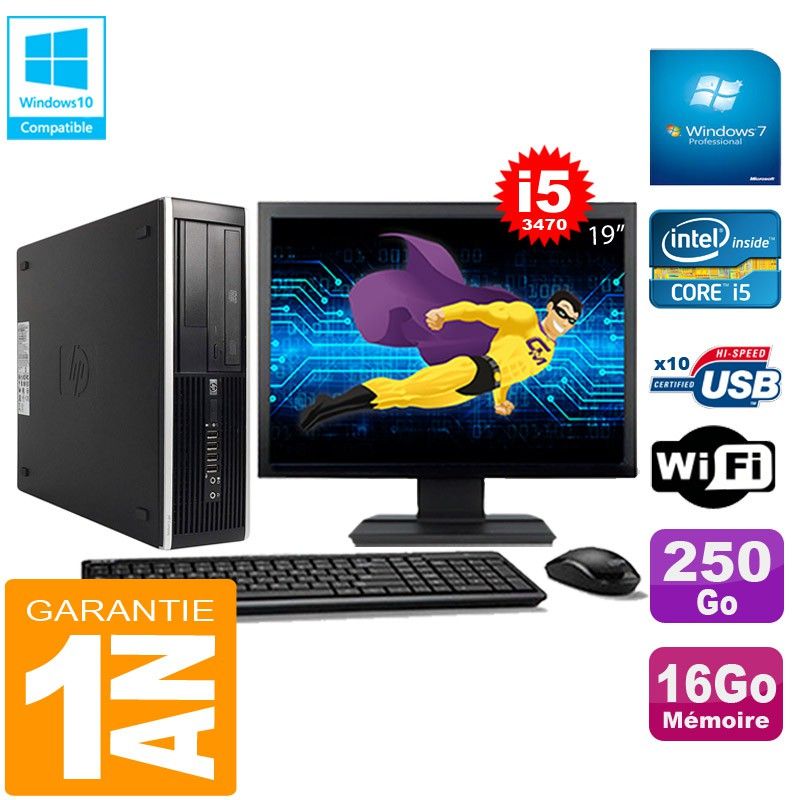 HP Compaq Pro 6300 SFF I5-3470 16 Go 250 Go Lecteur optique DVD Wi-Fi Windows 7 Écran 19"