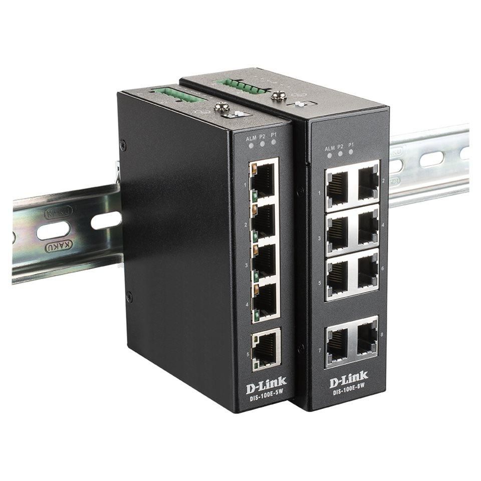 D-Link DIS 100E-5W - Unmanaged Switch - 5 x 10/100 - DIN Rail Mount, Wall Mountable - DC Power