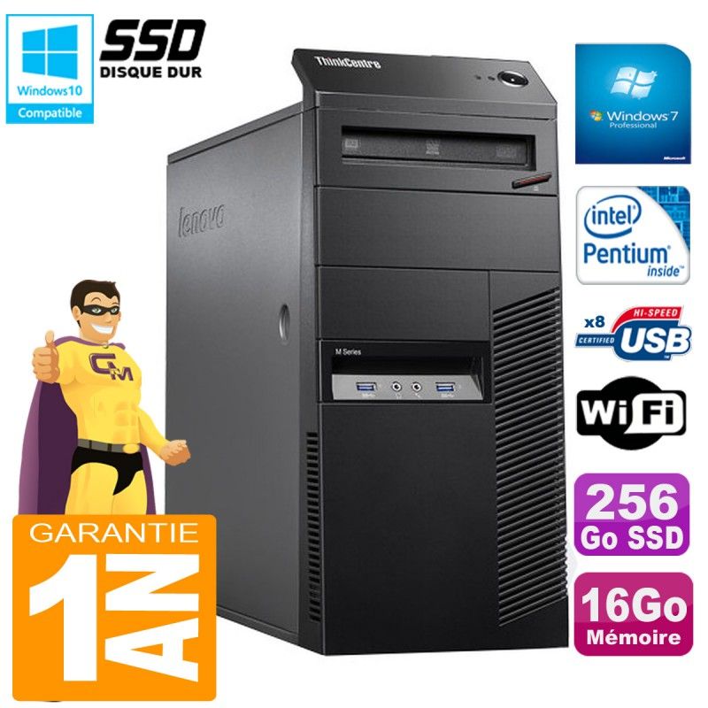 Lenovo ThinkCentre M83 Desktop PC - Intel G3250, 16GB RAM, 256GB SSD, DVD Writer, WiFi, Windows 7 Pro