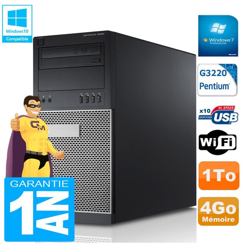 Dell Optiplex 9020 Tower - Intel Pentium G3220, 4GB RAM, 1TB HDD, DVD Burner, WiFi, Windows 7 Pro