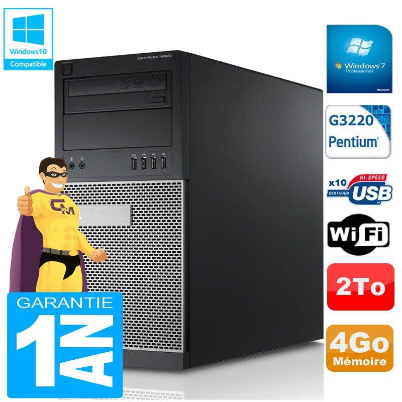 Torre Dell Optiplex 9020 - Procesador Intel Pentium G3220, 4GB de RAM, Disco duro de 2TB, Lectora de DVD, WiFi, Windows 7 Pro