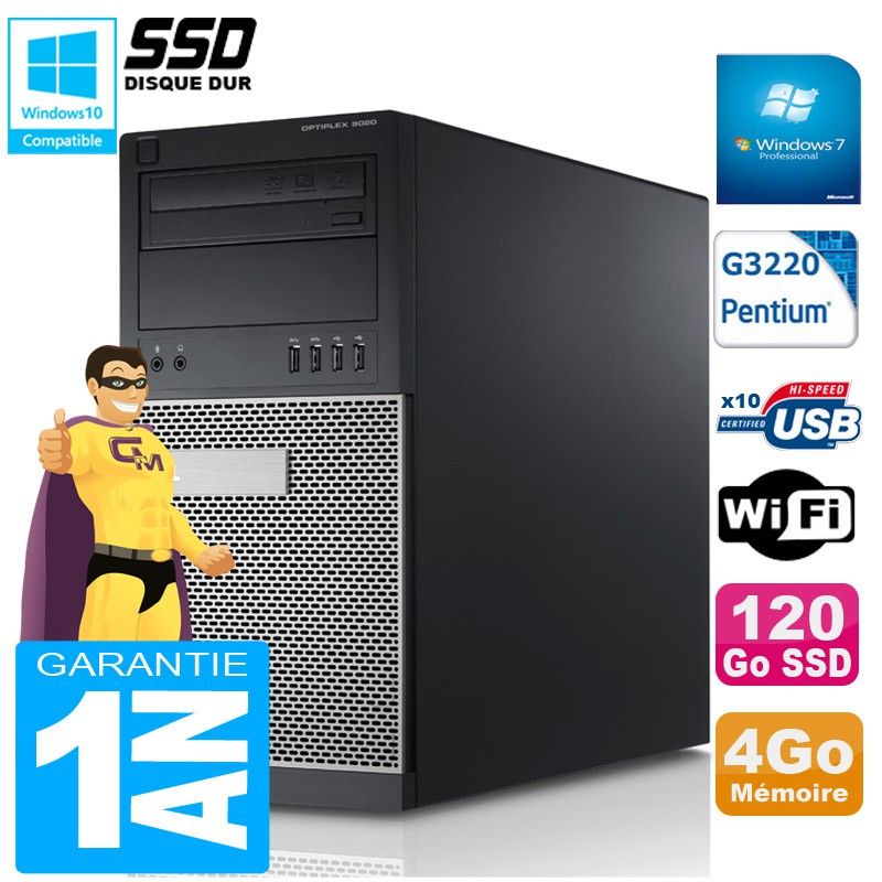 Dell Optiplex 9020 Tower - Intel Pentium G3220, 4GB RAM, 120GB SSD, DVD Burner, WiFi, Windows 7 Pro