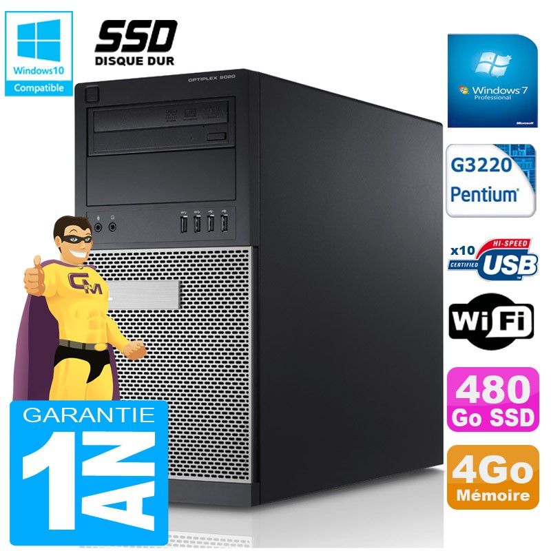 Dell Optiplex 9020 Tower - Intel Pentium G3220, 4GB RAM, 480GB SSD, DVD Burner, WiFi, Windows 7 Pro