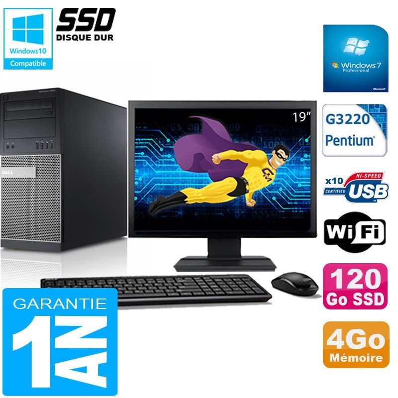 Tour Dell Optiplex 9020 - Processeur Intel Pentium G3220, 4 Go de RAM, 120 Go SSD, Wi-Fi, Windows 7 Pro