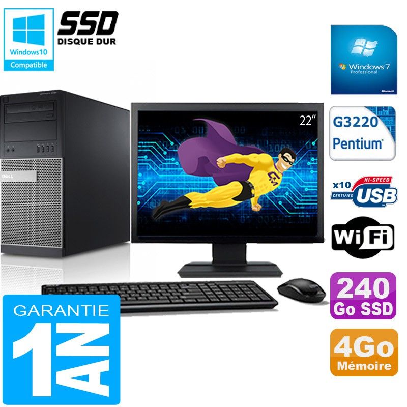 Tour Dell Optiplex 9020 - Processeur Intel Pentium G3220, 4 Go de RAM, 240 Go SSD, Wi-Fi, Windows 7 Pro