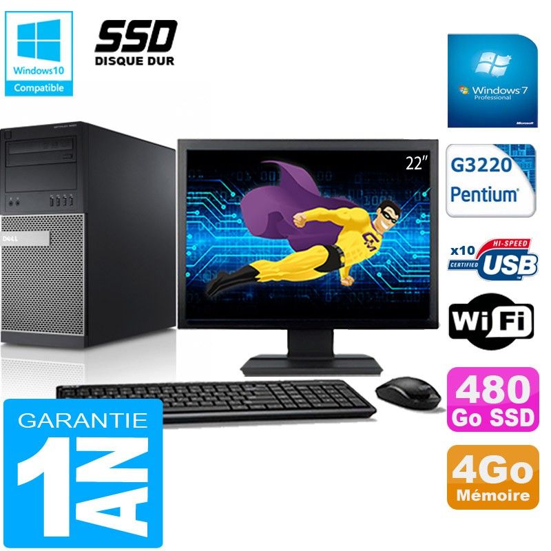 Dell Optiplex 9020 Tower - Intel Pentium G3220, 4GB RAM, 480GB SSD, WiFi, Windows 7 Pro